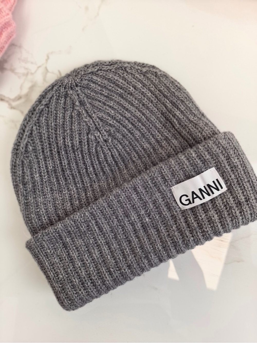 Ganni Gray Ribbed Fold-Over Beanie with Logo Patch